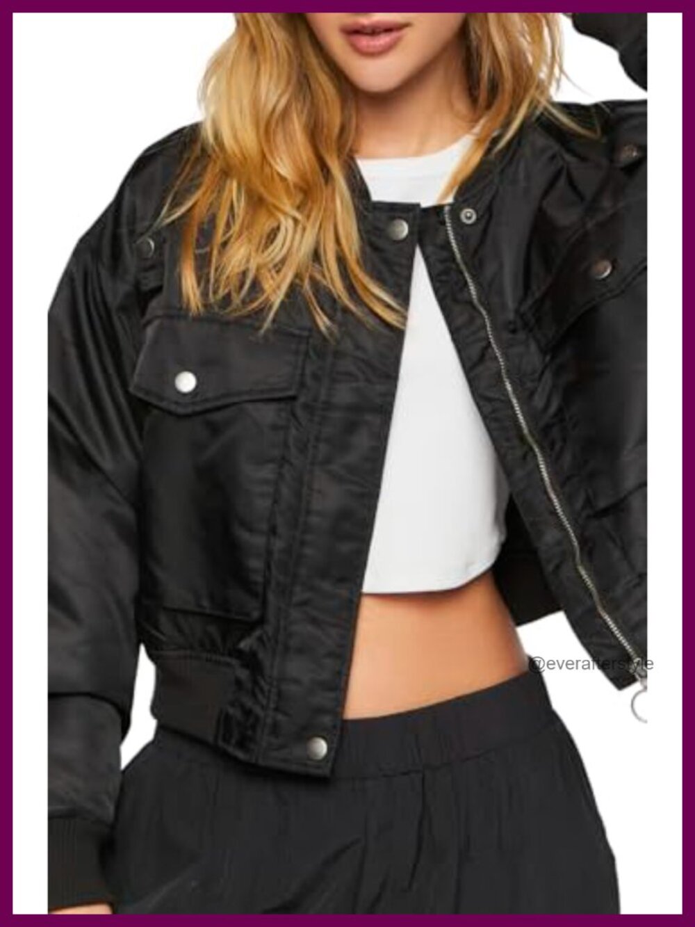 Cropped Bomber Jacket Zip Snap Front Pockets Casual Fall